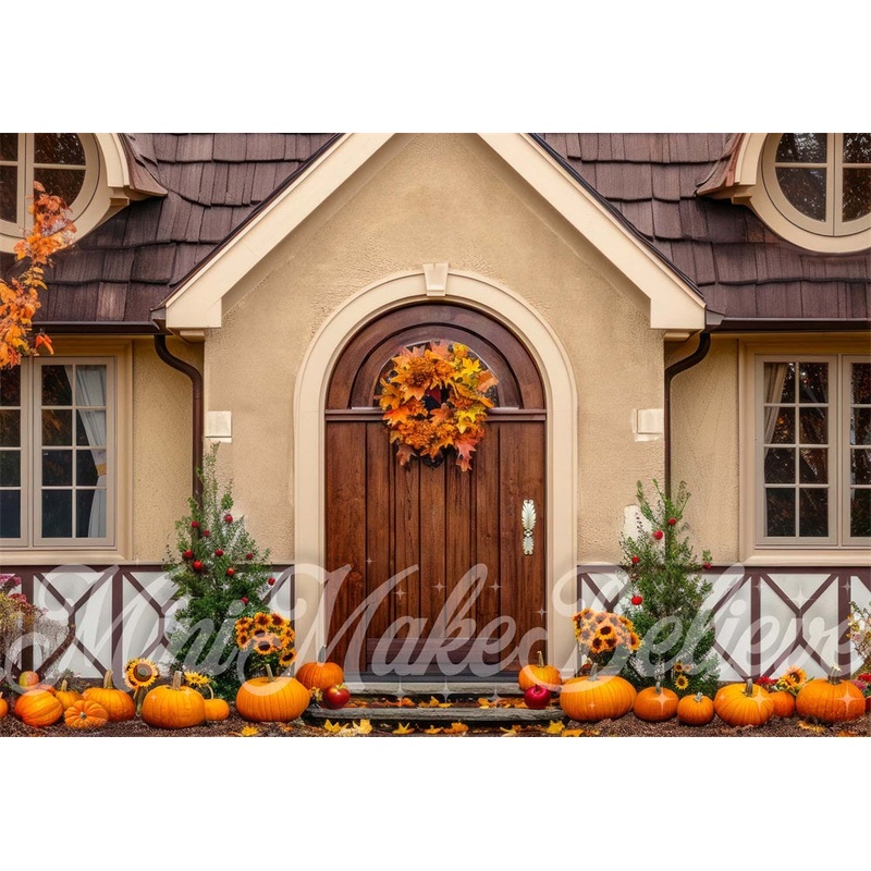 Kate Autumn Green Plant Sunflower Pumpkin Fallen Leaves Dark Brown Arch Wooden Door Cottage Backdrop Designed by Mini MakeBelieve 7x5ft - small kids sitting / cake smash Microfiber (Printed)