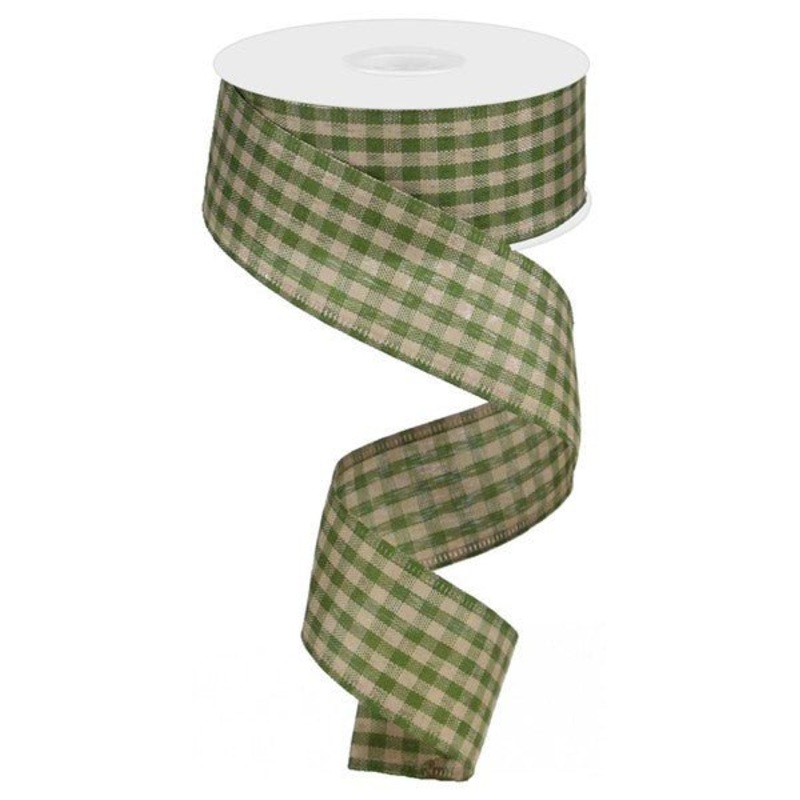 1.5" Primitive Gingham Ribbon: Moss/Tan10Yds
