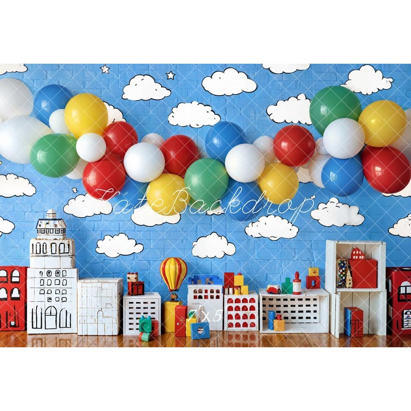 Kate Birthday Balloon Cityscape Toys Kids Backdrop Designed by Emetselch Microfiber (Printed) 7x5ft - small kids sitting / cake smash