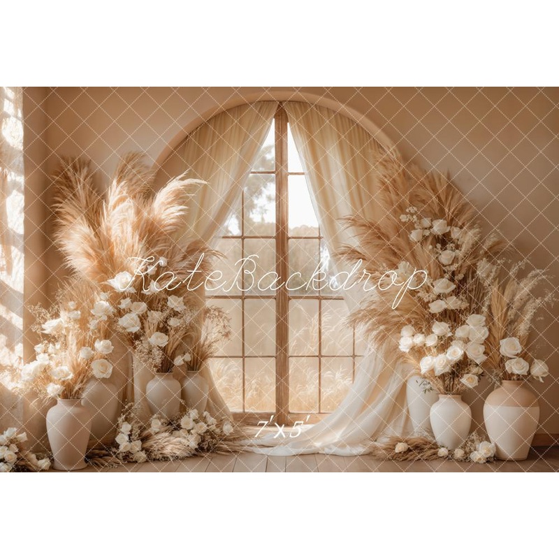Kate Boho Floral Window Pampas Grass Backdrop Designed by Kate Image Microfiber (Printed) 7x5ft - small kids sitting / cake smash
