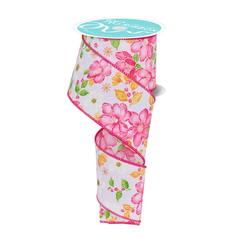 2.5" Watercolor Flowers Ribbon: White/Pink - 10yds