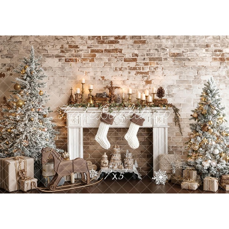 Kate Christmas Fireplace Frosted Trees Vintage Brick Wall Backdrop Designed by Emetselch Microfiber (Printed) 7x5ft - small kids sitting / cake smash