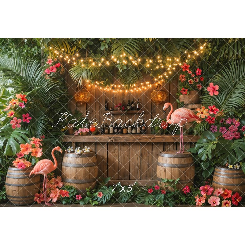 Kate Summer Tropical Flamingo Bar Wood Backdrop Designed by Emetselch Microfiber (Printed) 7x5ft - small kids sitting / cake smash