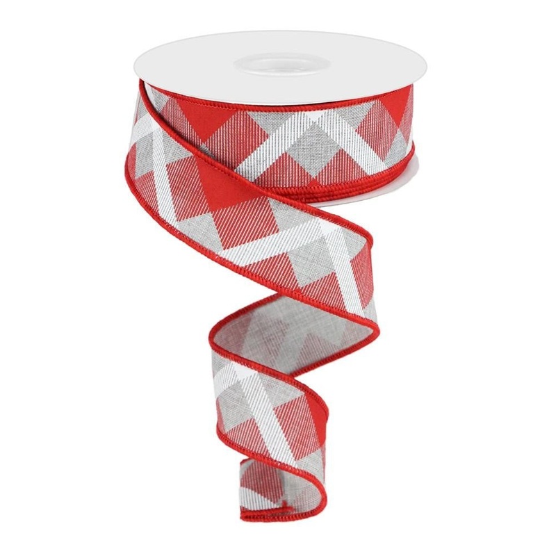 1.5" Diagonal Plaid Ribbon: Grey/Red/White- 10yds