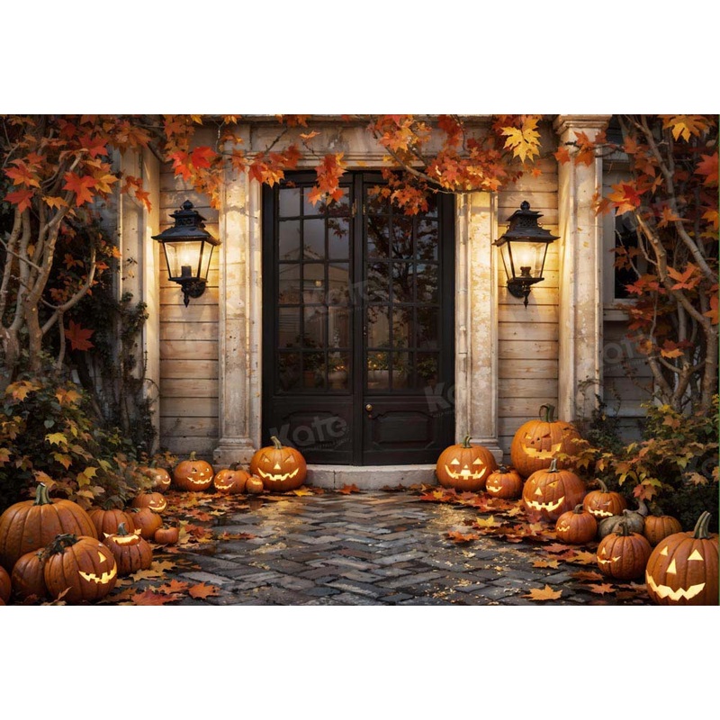 Kate Autumn Halloween Pumpkin House Leaves Door Backdrop Designed by Emetselch 7x5ft - small kids sitting / cake smash Microfiber (Printed)
