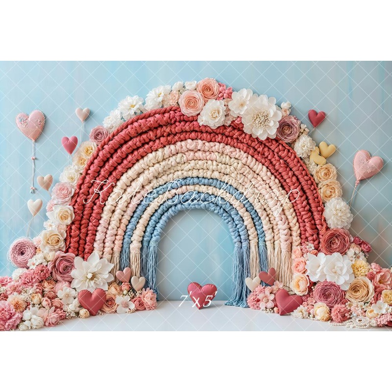 Kate Valentine Boho Floral Rainbow Heart Backdrop Designed by Emetselch Microfiber (Printed) 7x5ft - small kids sitting / cake smash