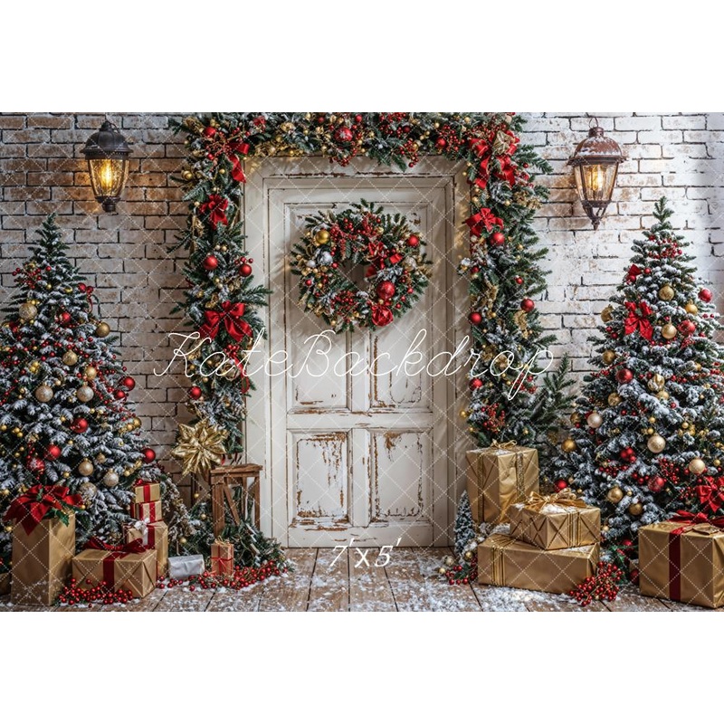 Kate Winter Christmas Tree White Door Gray Brick Wall Backdrop Designed by Emetselch 7x5ft - small kids sitting / cake smash Microfiber (Printed)