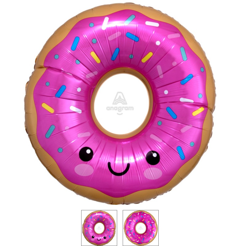 27" Donut With A Smile Inflated with Helium and Ribbon