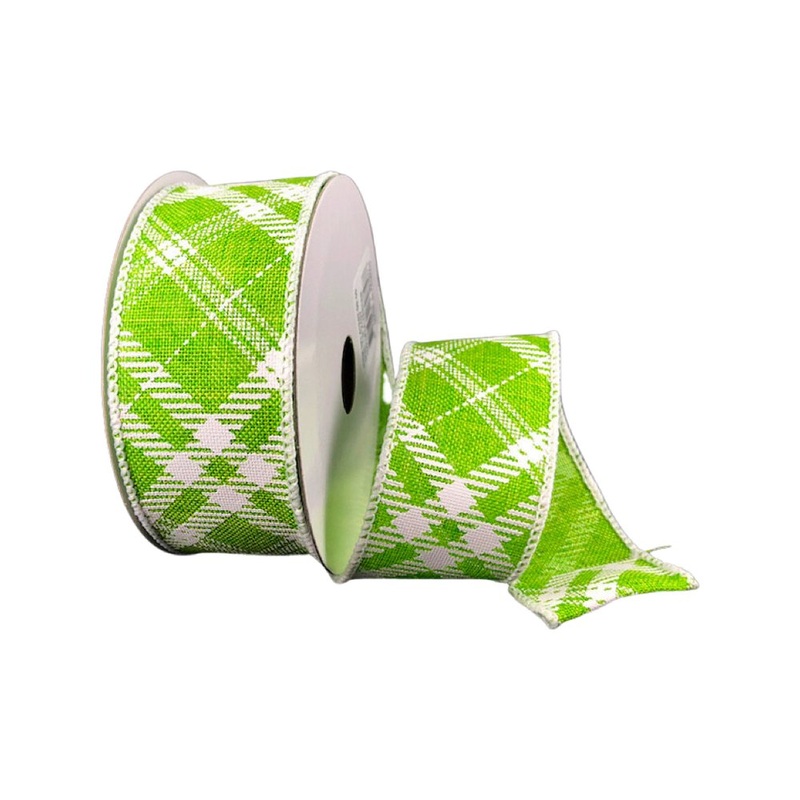1.5" Diagonal Plaid Ribbon: Lime/White - 10yds