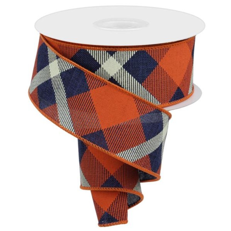 1.5" Diagonal Plaid Ribbon: Navy Blue/Orange/Cream - 10yds