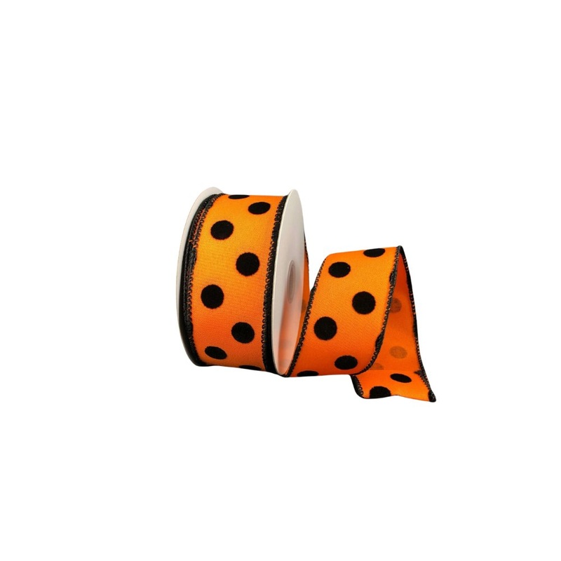 1.5" Flocked Polka Dot Ribbon: Orange/Blk - 10yds