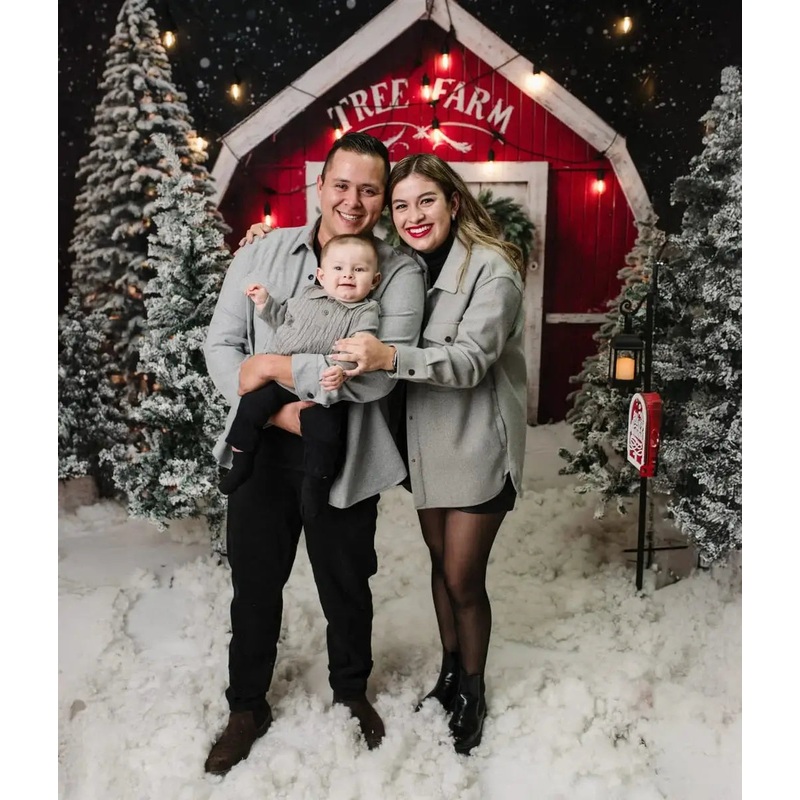Kate Winter Christmas Tree Farm Red Barn Backdrop Designed by Chain Photography 7x5ft - small kids sitting / cake smash Microfiber (Printed)