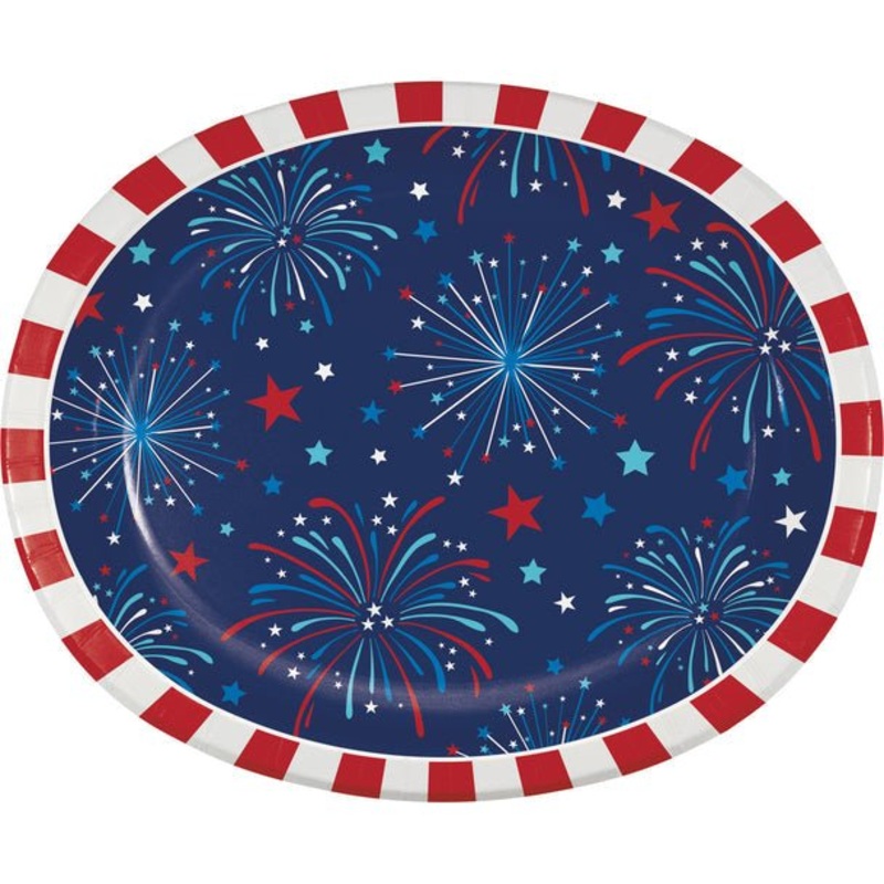 4th Of July Freedom Fireworks Oval Dinner Plates 10" x 12" | 8ct