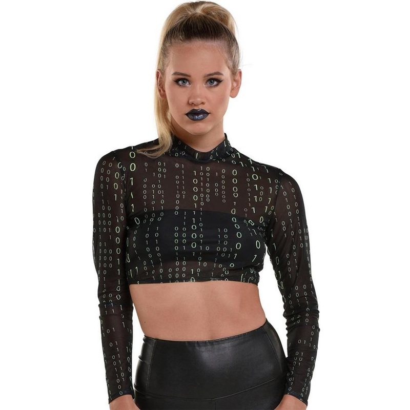Adult Cyberpunk Sheer Black Binary-Print Mock Neck Cropped Mesh Long Sleeve Top | 1 ct Large/XL