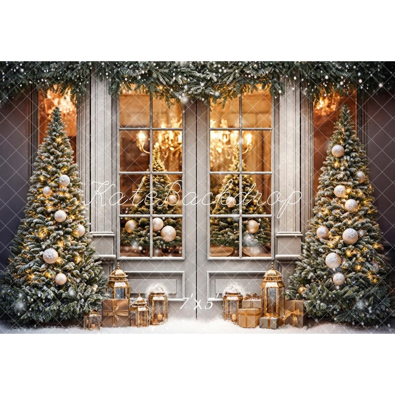 Kate Winter Christmas Grey Retro Framed Window Backdrop Designed by Chain Photography 7x5ft - small kids sitting / cake smash Microfiber (Printed)