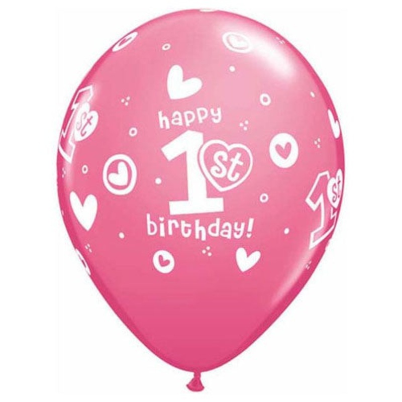 1st Birthday Circle Hearts - Girl 11 Latex Balloons (50 count)