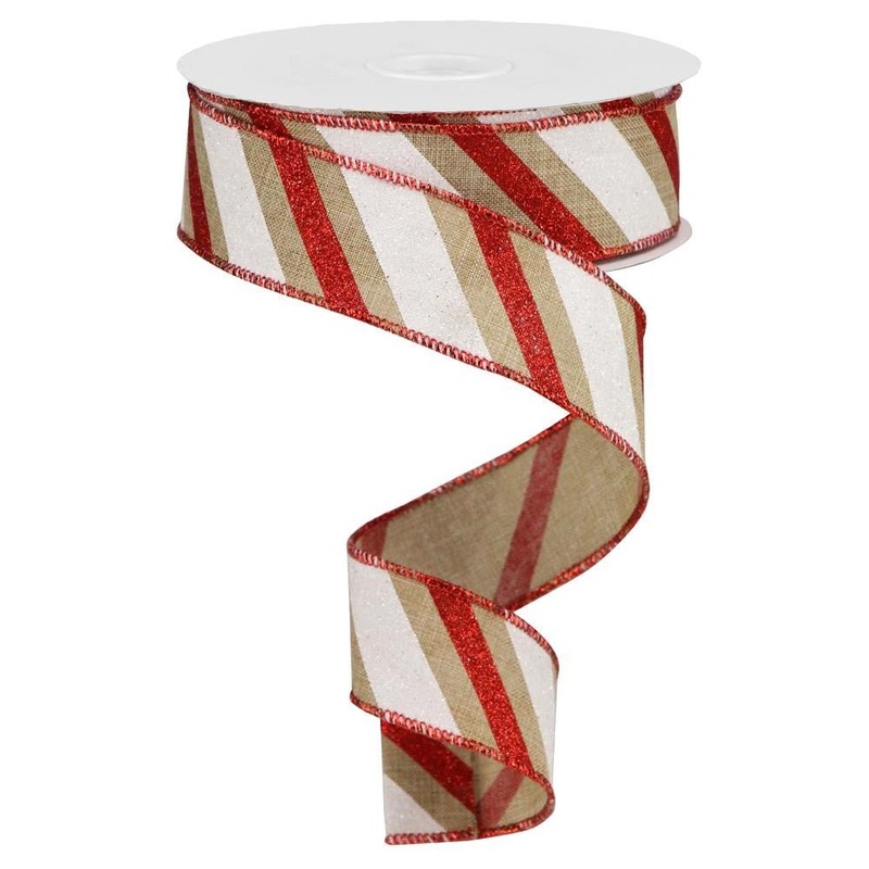 1.5" Diagonal Glitter Stripe Ribbon: Beige/Red/White