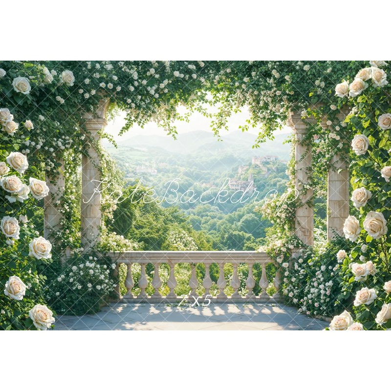 Kate Summer Terrace Arch Floral Greenery Mountain Backdrop Designed by Emetselch Microfiber (Printed) 7x5ft - small kids sitting / cake smash