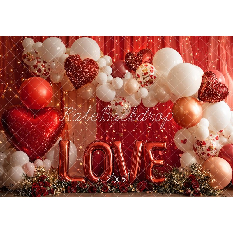 Kate Valentines Red Heart Balloons LOVE Lights Roses Backdrop Designed by Emetselch Microfiber (Printed) 7x5ft - small kids sitting / cake smash