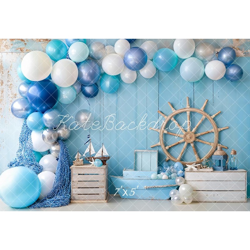 KBPA 2025 Kate Cake Smash Nautical Balloons Sailboat Backdrop Designed by Emetselch Microfiber (Printed) 7x5ft - small kids sitting / cake smash