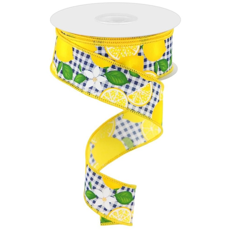 1.5" Lemon w/ Leaves Check Ribbon: Navy/Wht - 10yds