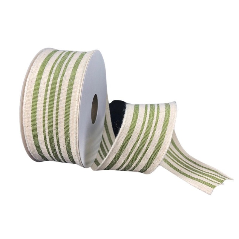 1.5" Ivory/Moss Woven French Stripe Ribbon - 10yds