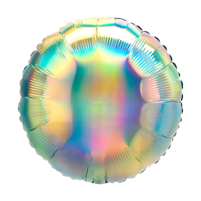 18" Iridescent Pastel Rainbow Round Foil Balloon Inflated with Helium and Ribbon