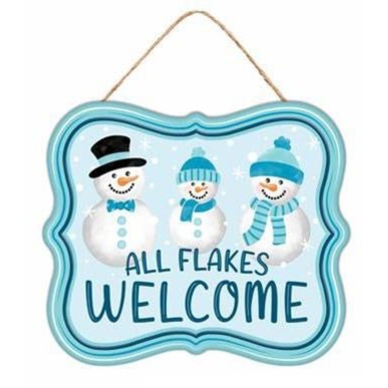 7" Tin All Flakes Welcome Snowmen Sign