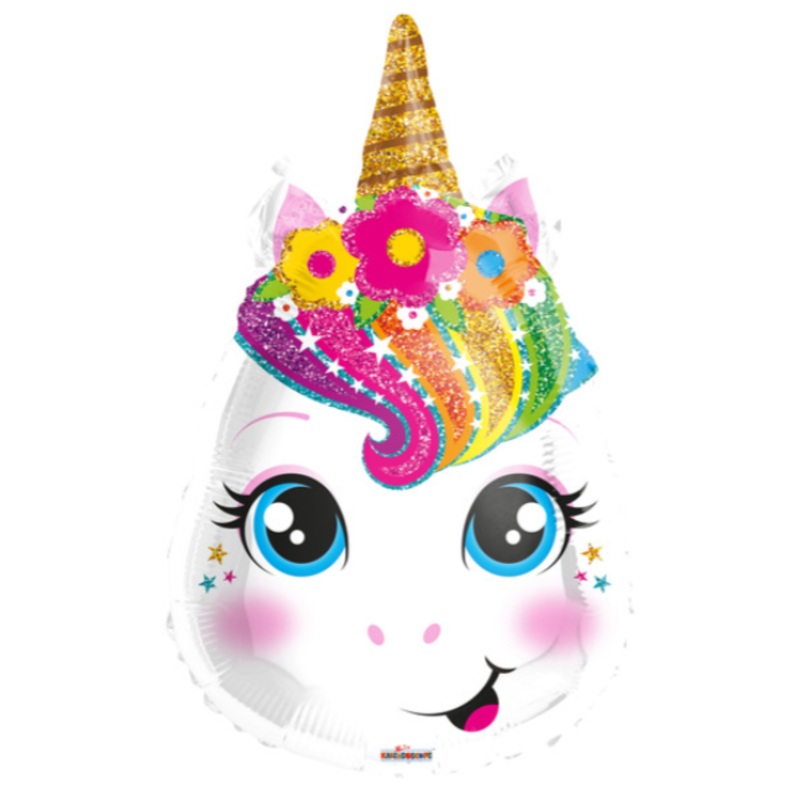 18" Unicorn Head Inflated with Helium and Ribbon