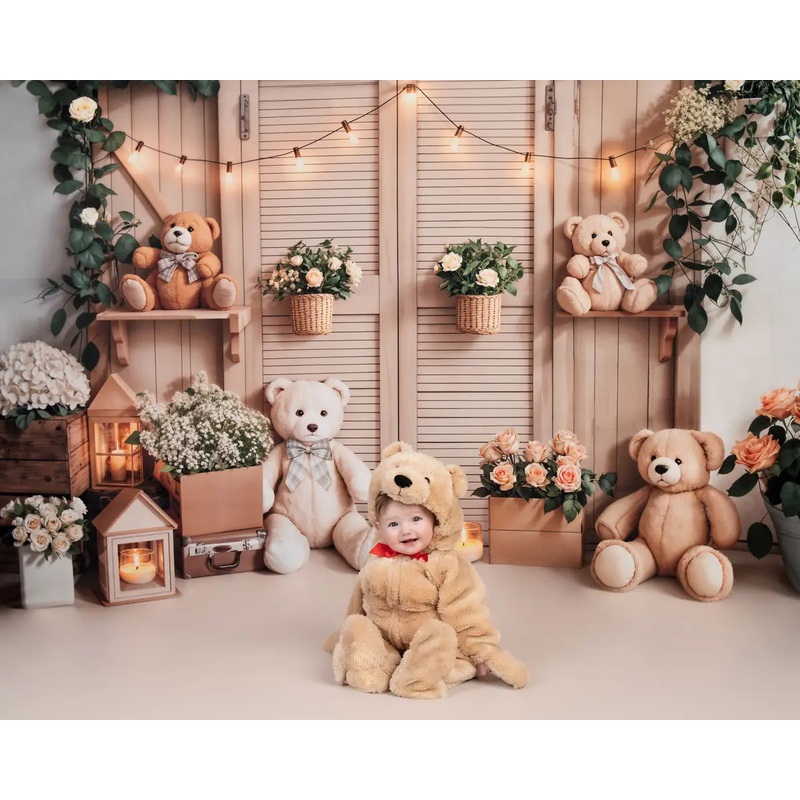 Kate Birthday Indoor Teddy Bear Floral Lantern Backdrop Designed by Emetselch Microfiber (Printed) 7x5ft - small kids sitting / cake smash