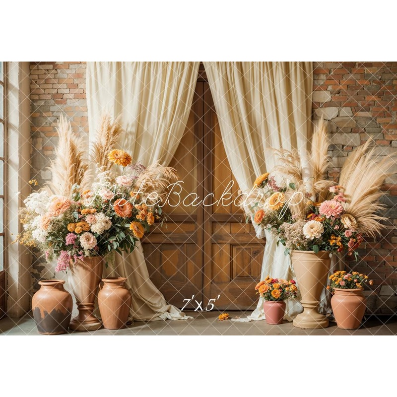 Kate Boho Floral Rustic Curtain Wedding Backdrop Designed by Emetselch Microfiber (Printed) 7x5ft - small kids sitting / cake smash