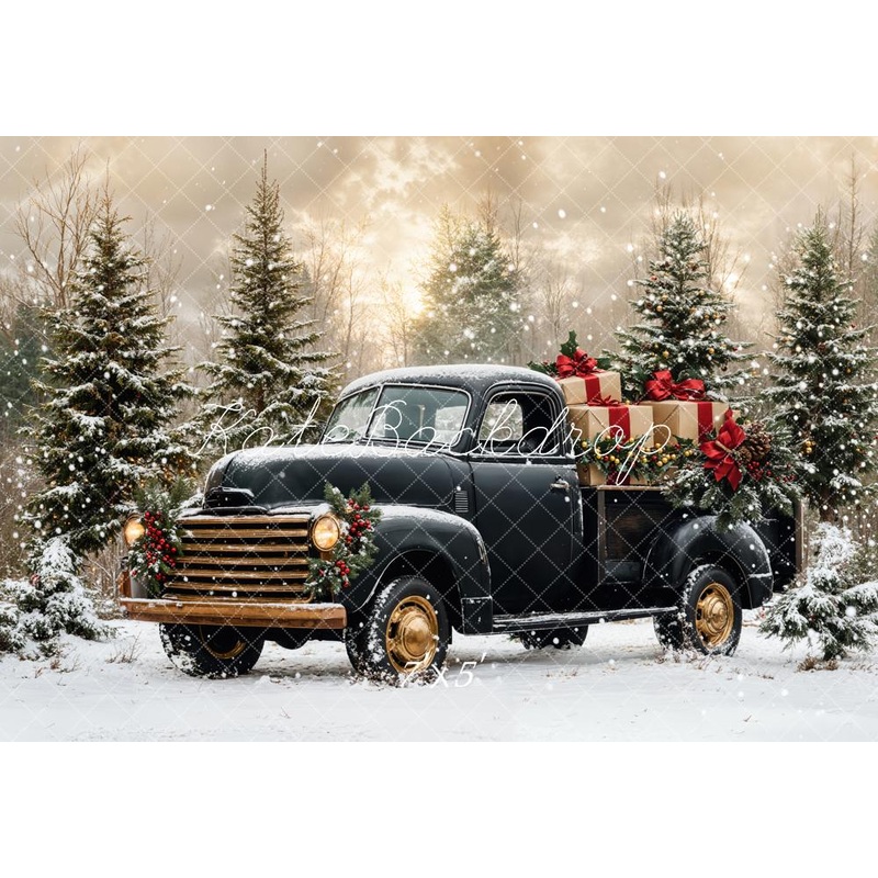 Kate Christmas Black Truck Snowy Forest Backdrop Designed by Emetselch Microfiber (Printed) 7x5ft - small kids sitting / cake smash