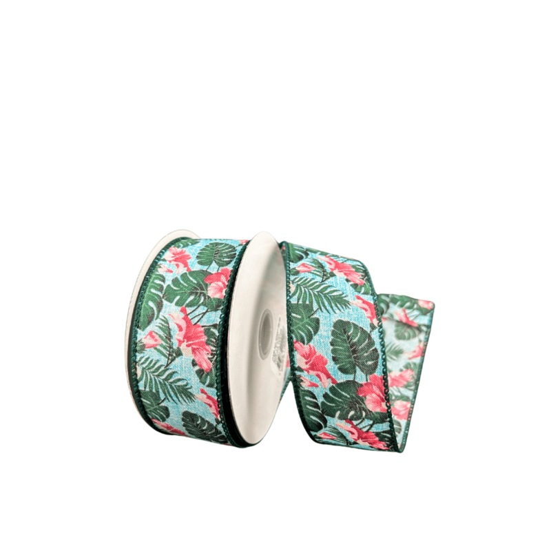 1.5" Hibiscus Floral Ribbon: Aqua - 10yd
