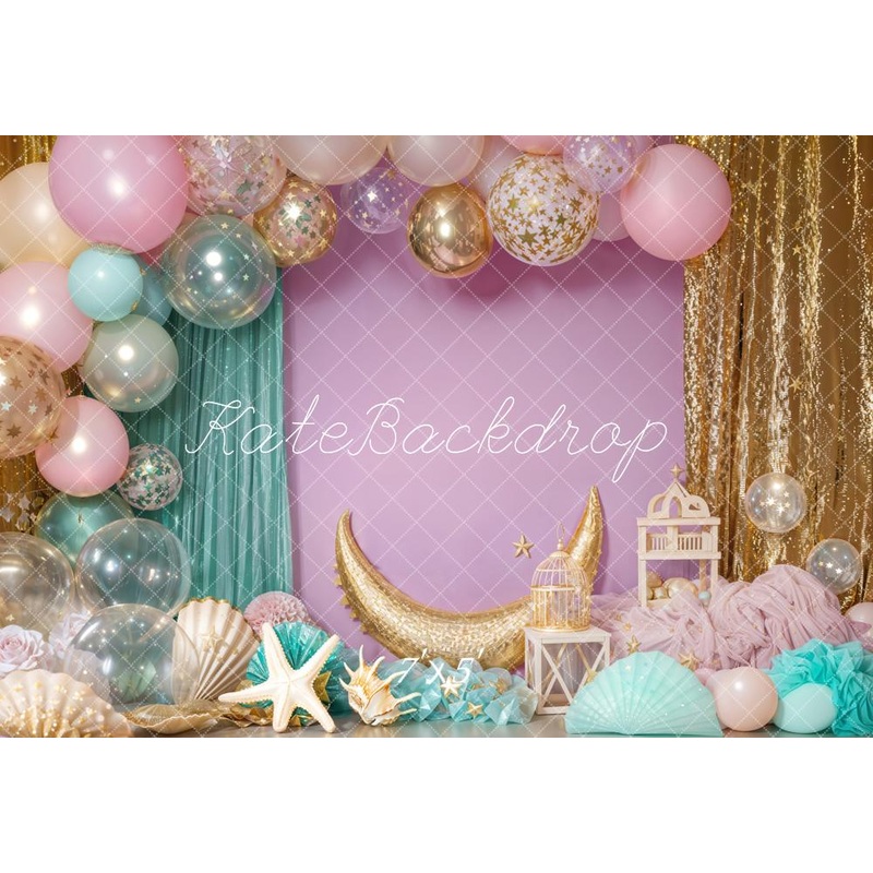 Kate Cake Smash Mermaid Pastel Balloon Backdrop Curtain Designed by Emetselch Microfiber (Printed) 7x5ft - small kids sitting / cake smash
