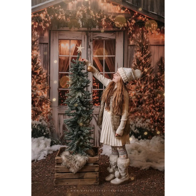 Kate Christmas Barn with Lights and Christmas Tree Backdrop Designed by Emetselch Microfiber (Printed) 7x5ft - small kids sitting / cake smash
