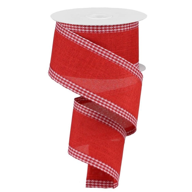 2.5" Solid Linen Gingham Edge Ribbon: Red/Wht