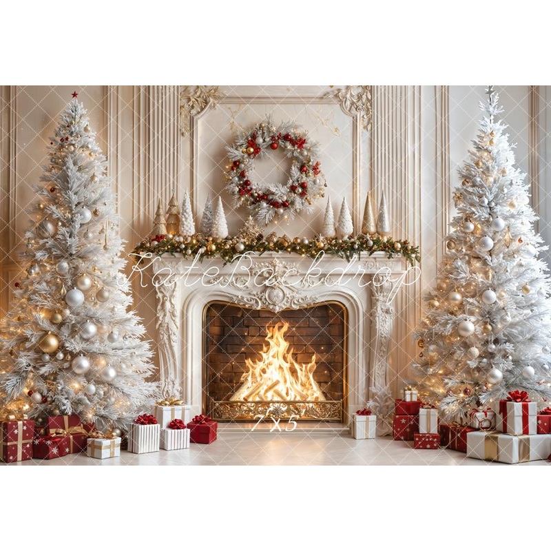Kate Christmas Fireplace White Trees Gifts Backdrop Designed by Emetselch Microfiber (Printed) 7x5ft - small kids sitting / cake smash