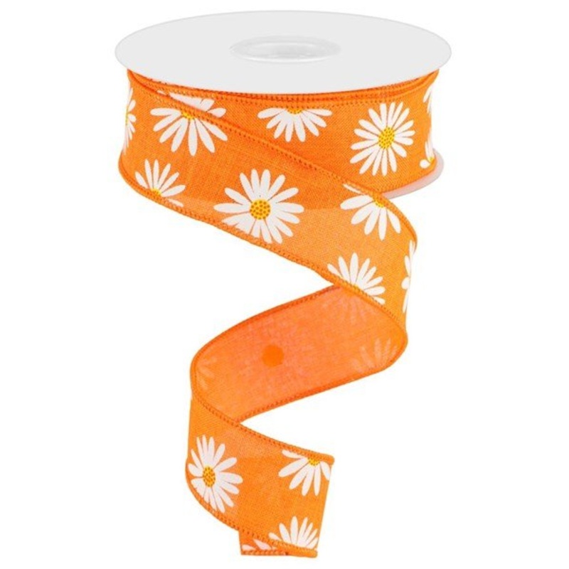 1.5" Daisy Print on Royal Burlap Ribbon: Orange - 10yds