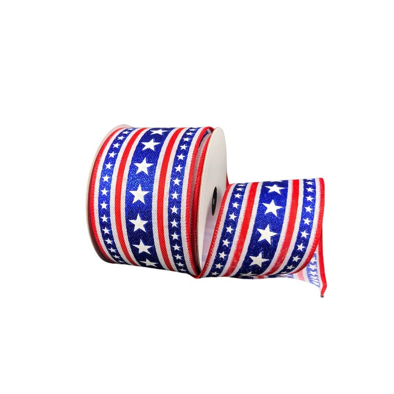 2.5" Red/White/Blue Striped w/Stars Ribbon - 10yds