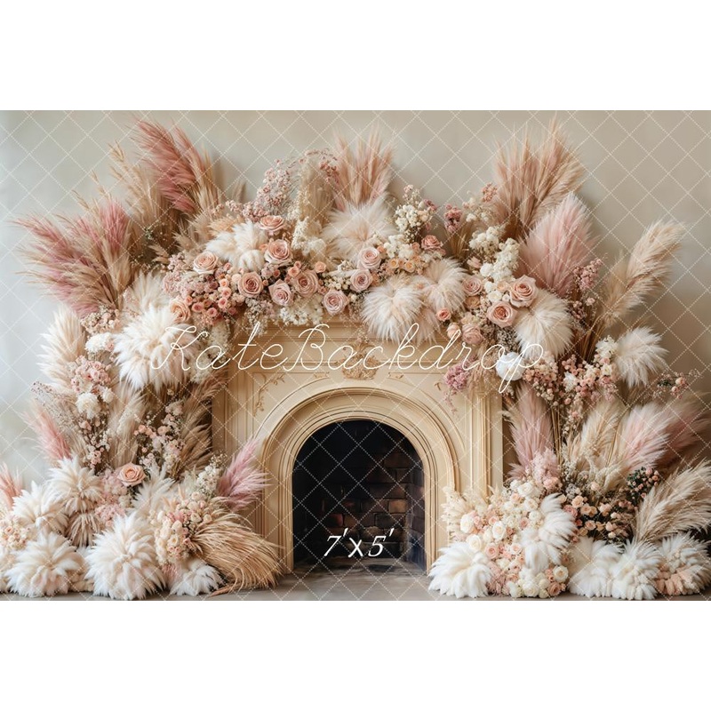 Kate Boho Floral Fireplace Beige Backdrop Designed by Emetselch Microfiber (Printed) 7x5ft - small kids sitting / cake smash