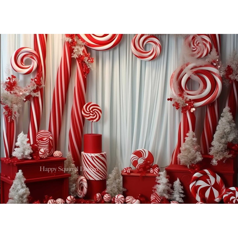 Kate Winter Christmas Candy Cane Room Backdrop Designed by Happy Squirrel Design 7x5ft - small kids sitting / cake smash Microfiber (Printed)