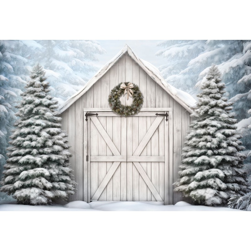 Kate Winter Christmas White Barn Door Snow Backdrop Designed by Emetselch 7x5ft - small kids sitting / cake smash Microfiber (Printed)