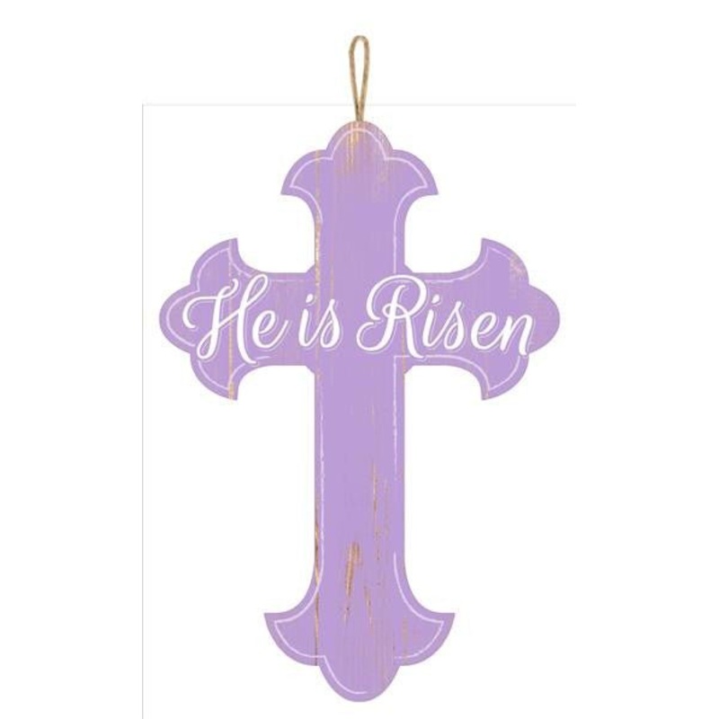 16" He is Risen Lavender Wood Cross