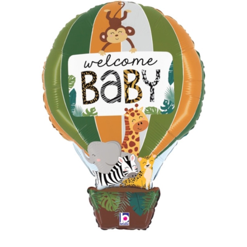 24" Welcome Home Baby Jungle Hot Air Balloon Inflated with Helium and Ribbon
