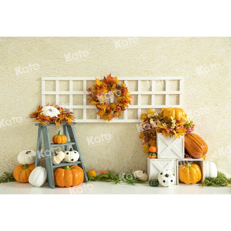 Kate Autumn Cream Pumpkin Shelf Backdrop Designed by Emetselch 7x5ft - small kids sitting / cake smash Microfiber (Printed)