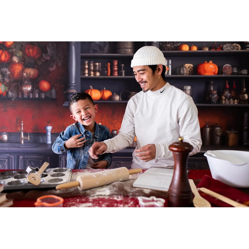 Kate Autumn Kitchen with Pumpkins Backdrop Designed by Mandy Ringe Photography 7x5ft - small kids sitting / cake smash Microfiber (Printed)