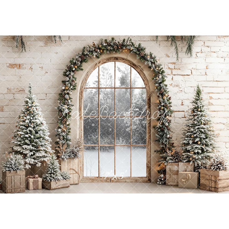 Kate Christmas Arched Window Garland Snowy Pine Trees Backdrop Designed by Emetselch Microfiber (Printed) 7x5ft - small kids sitting / cake smash