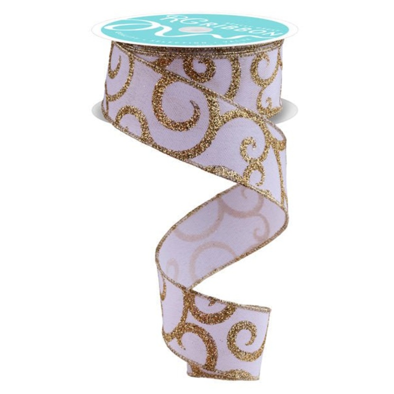 1.5" Glitter Swirl Ribbon: White/Gold - 10yds