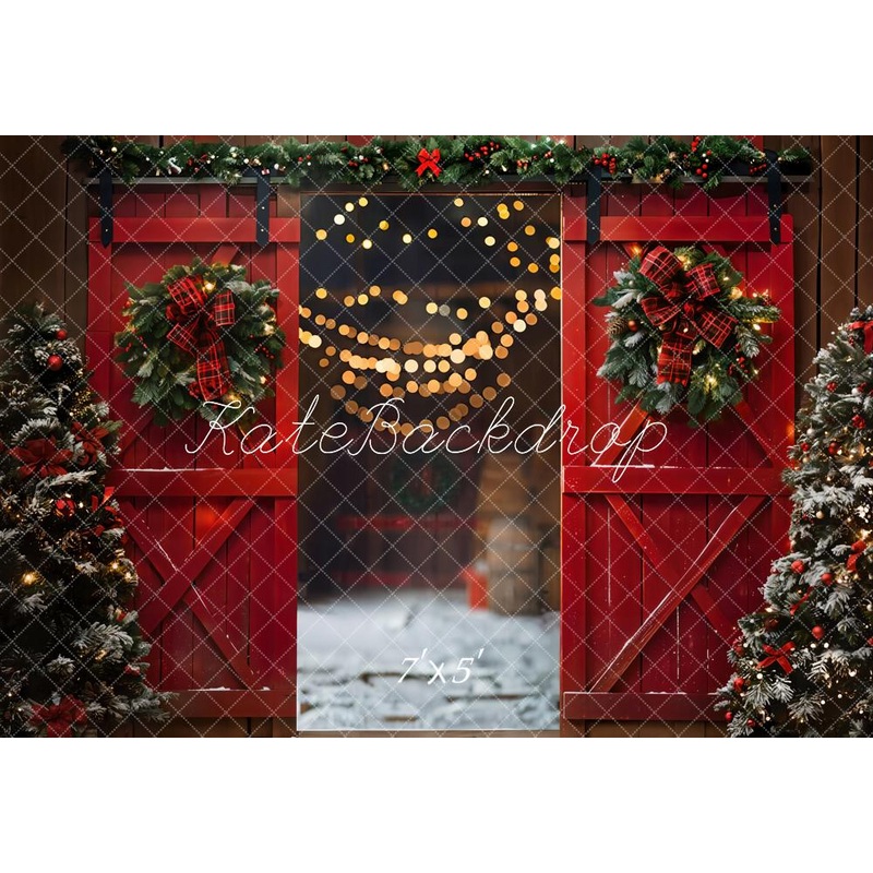 KBPA 2025 Kate Christmas Night Red Barn Door Backdrop Designed by Emetselch Microfiber (Printed) 7x5ft - small kids sitting / cake smash