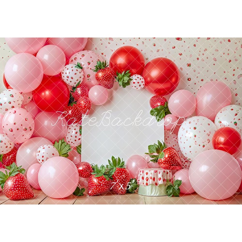 Kate Cake Smash Summer Strawberry Balloon Backdrop Designed by Emetselch Microfiber (Printed) 7x5ft - small kids sitting / cake smash